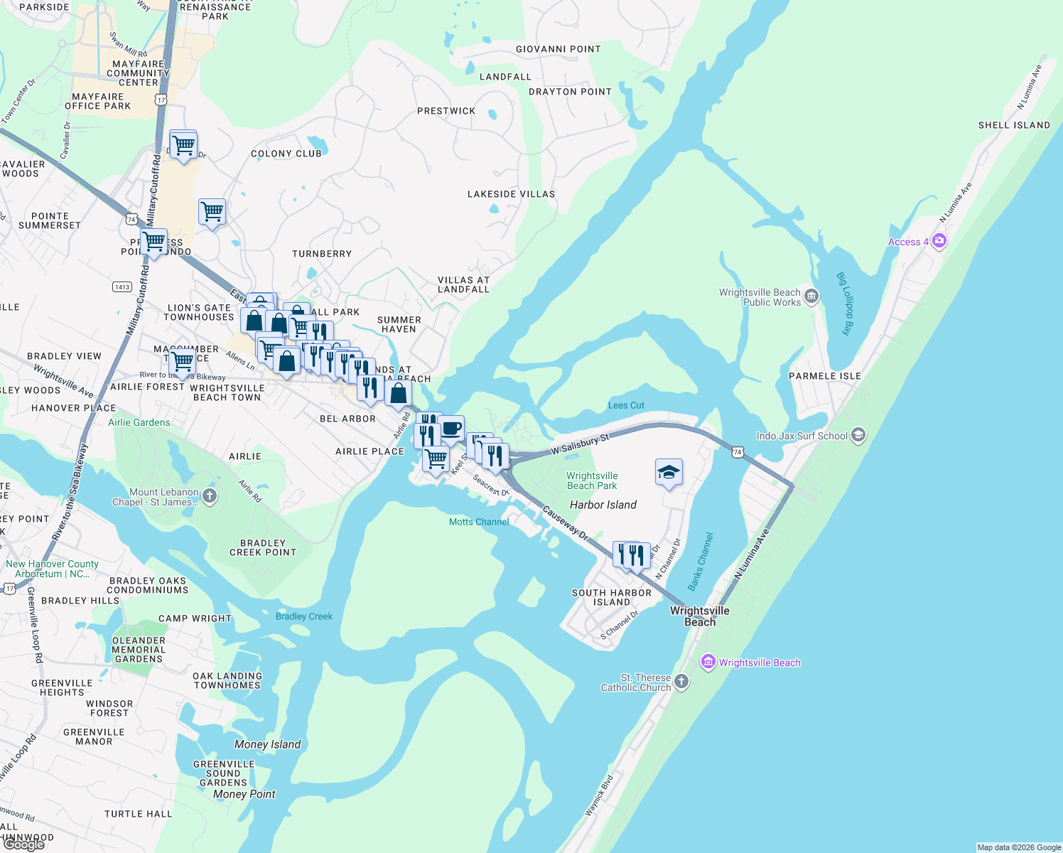 map of restaurants, bars, coffee shops, grocery stores, and more near 121 Seaside Ln in Wrightsville Beach