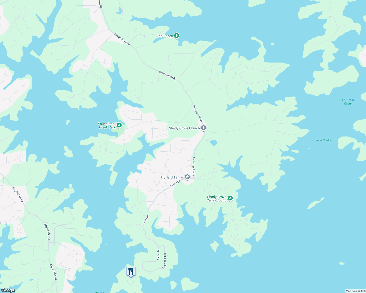 map of restaurants, bars, coffee shops, grocery stores, and more near 7218 Timber Trail in Cumming