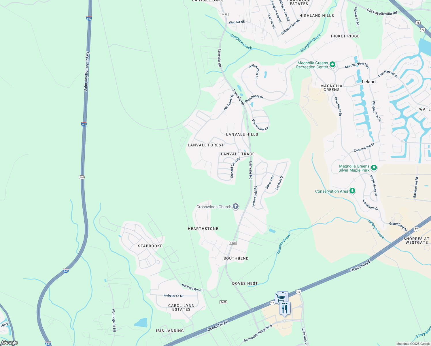 map of restaurants, bars, coffee shops, grocery stores, and more near 8637 Orchard Loop Rd in Leland