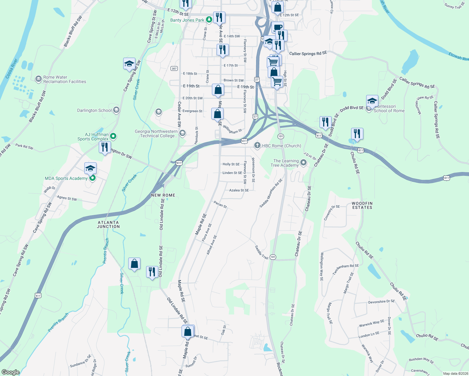 map of restaurants, bars, coffee shops, grocery stores, and more near 9 Azalea St SE in Rome