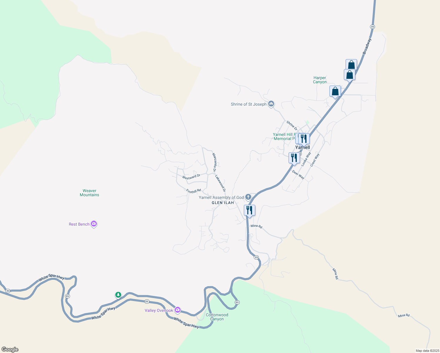 map of restaurants, bars, coffee shops, grocery stores, and more near 22861 Lakewood Drive in Yarnell