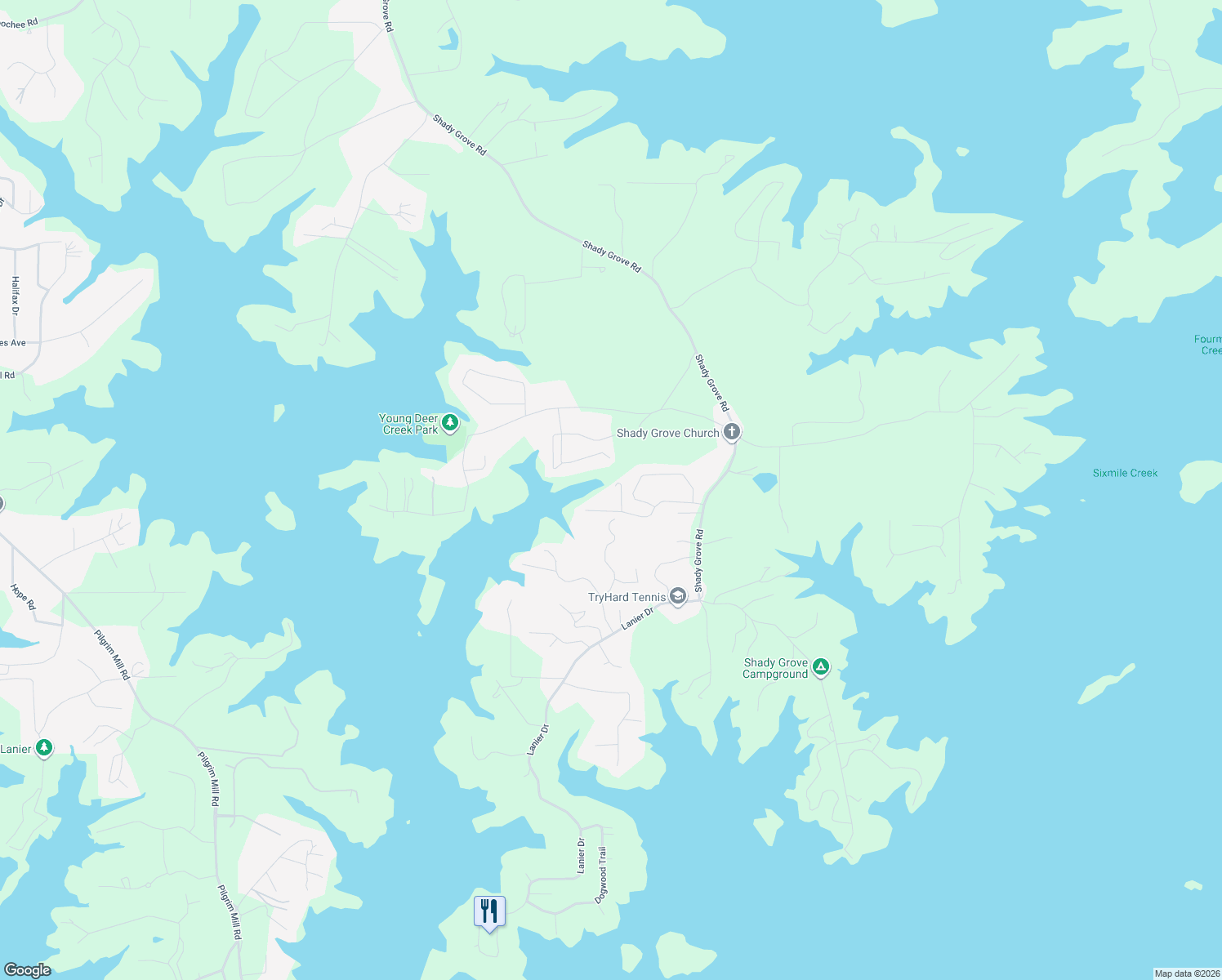 map of restaurants, bars, coffee shops, grocery stores, and more near 7240 Timber Trail in Cumming