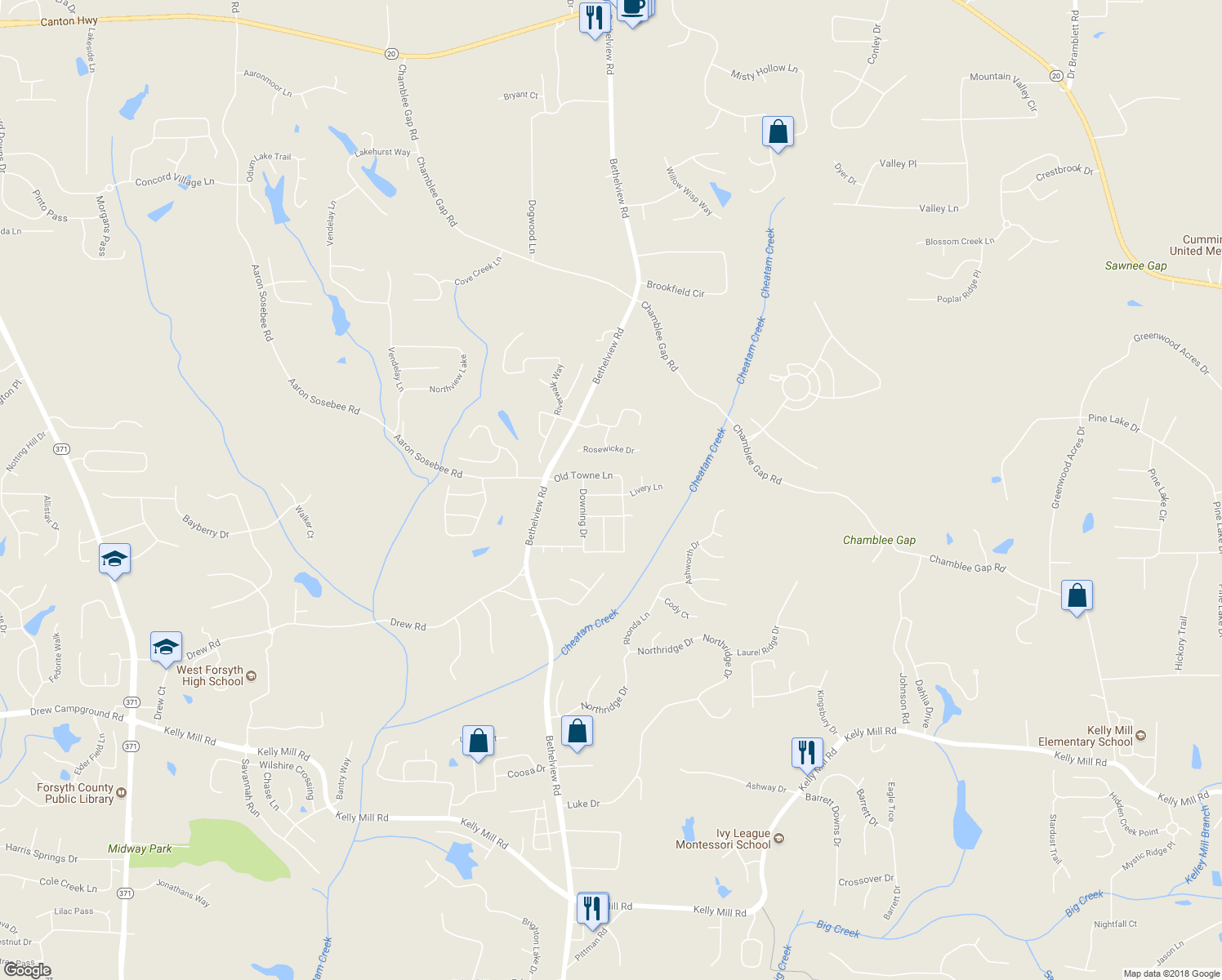map of restaurants, bars, coffee shops, grocery stores, and more near 3625 Livery Lane in Cumming