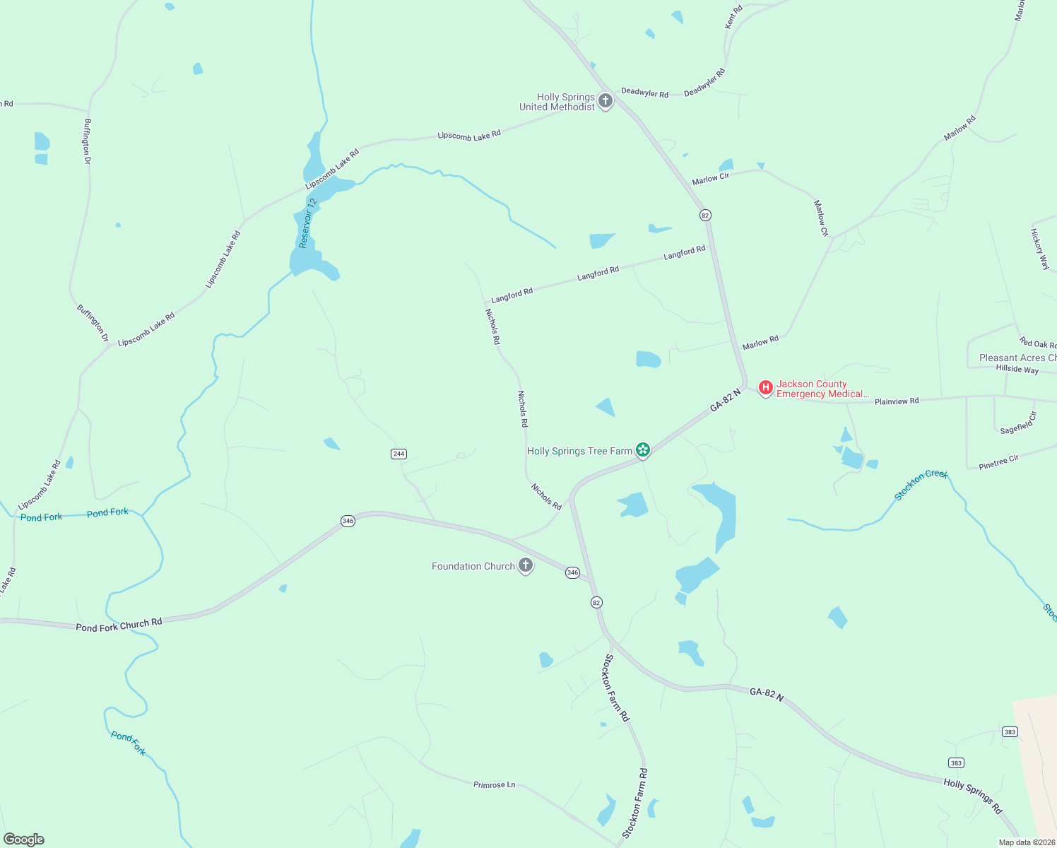 map of restaurants, bars, coffee shops, grocery stores, and more near 492 Nichols Road in Pendergrass