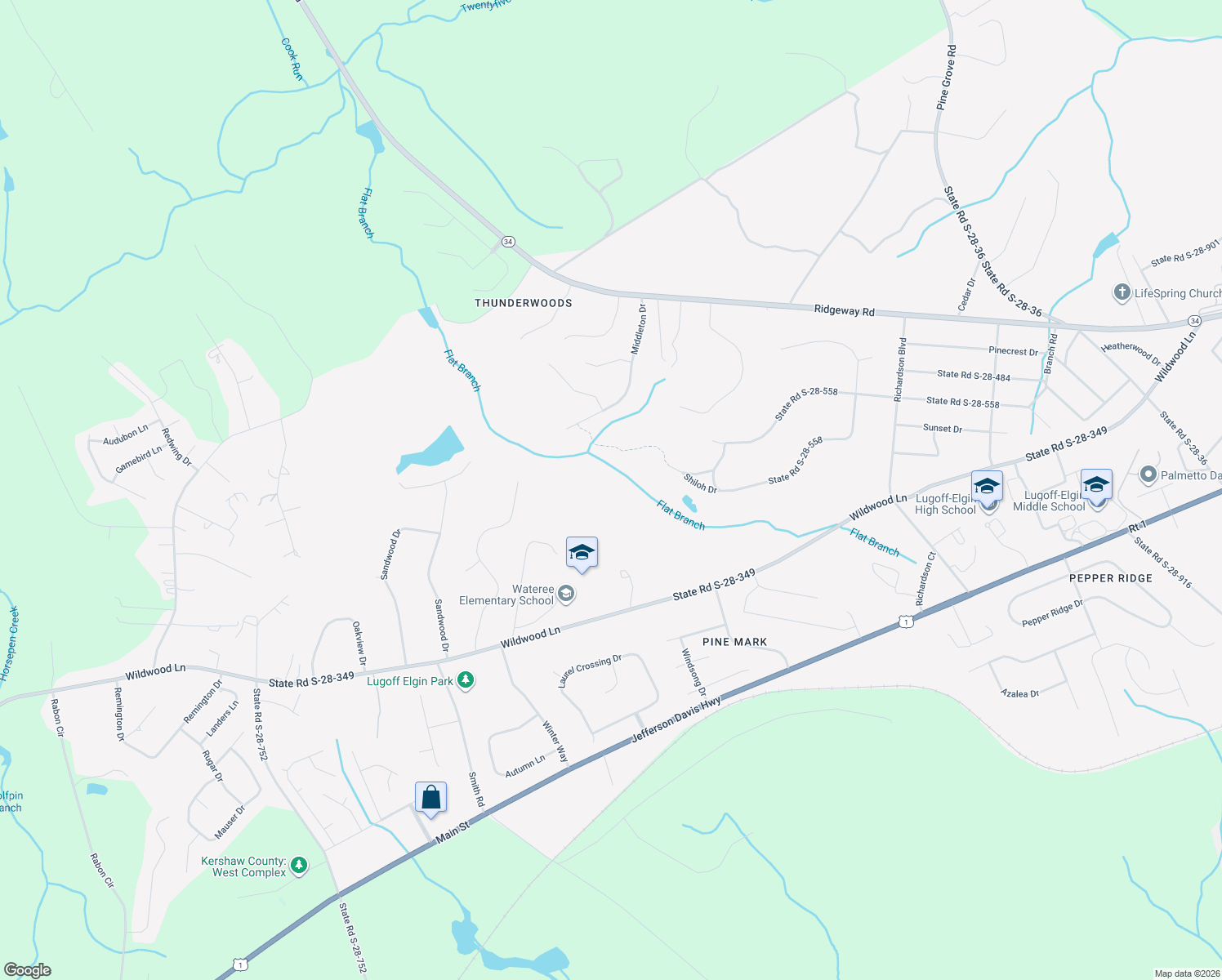map of restaurants, bars, coffee shops, grocery stores, and more near Wildwood Lane in Lugoff