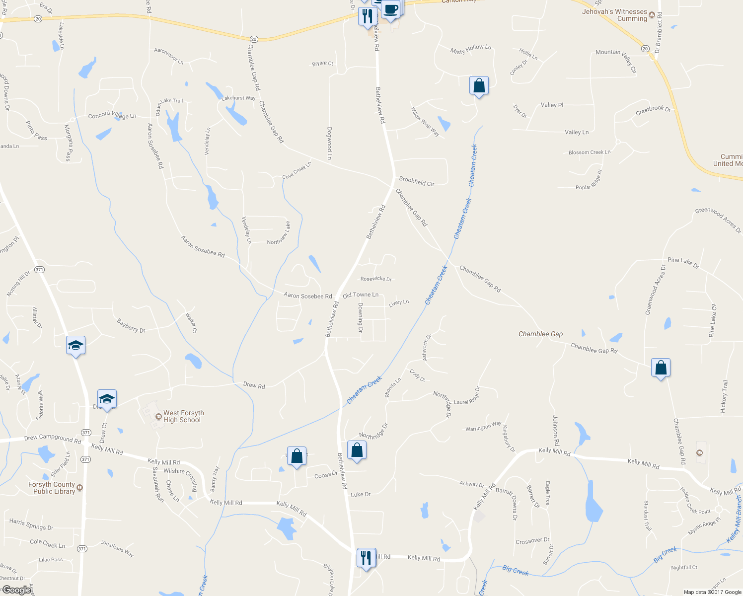 map of restaurants, bars, coffee shops, grocery stores, and more near 3524 Old Towne Lane in Cumming