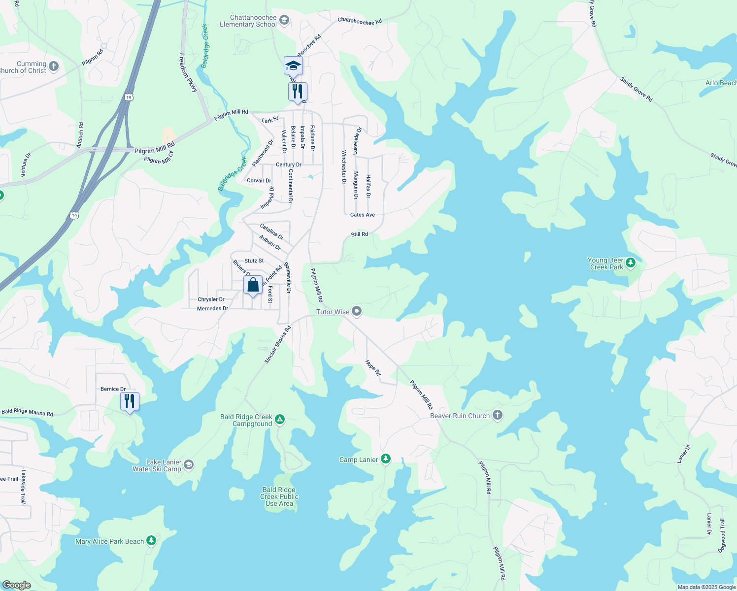 map of restaurants, bars, coffee shops, grocery stores, and more near 3415 Henderson Drive in Cumming