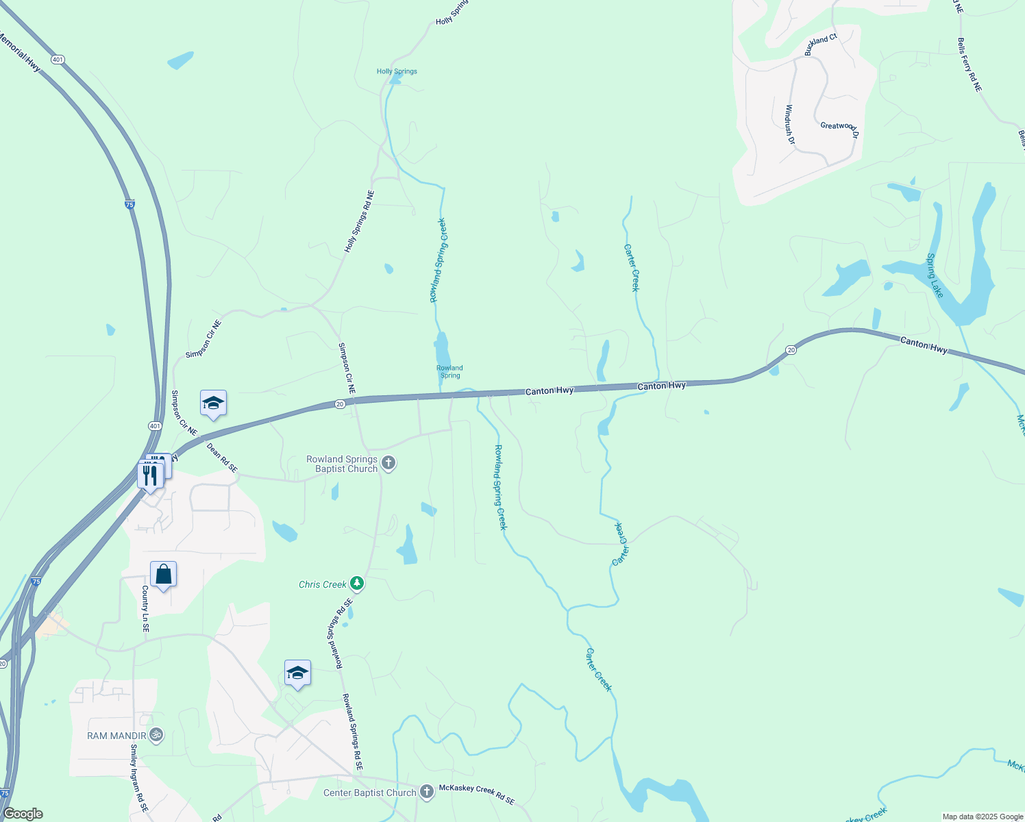 map of restaurants, bars, coffee shops, grocery stores, and more near 5846 Georgia 20 in Cartersville