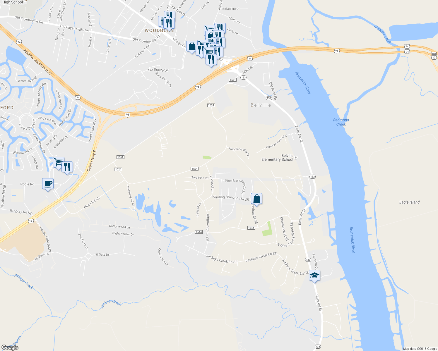 map of restaurants, bars, coffee shops, grocery stores, and more near 10007 Burning Bush Ridge Court in Leland