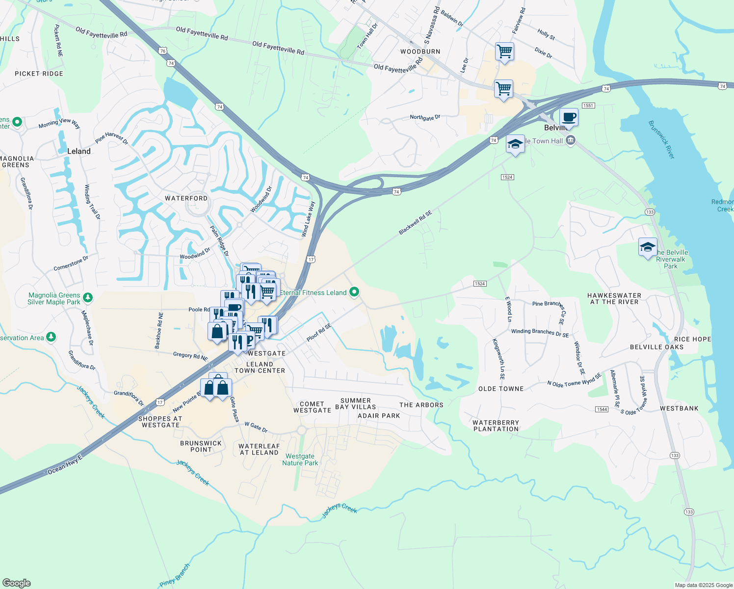 map of restaurants, bars, coffee shops, grocery stores, and more near 9776 Chappell Loop Road Southeast in Leland