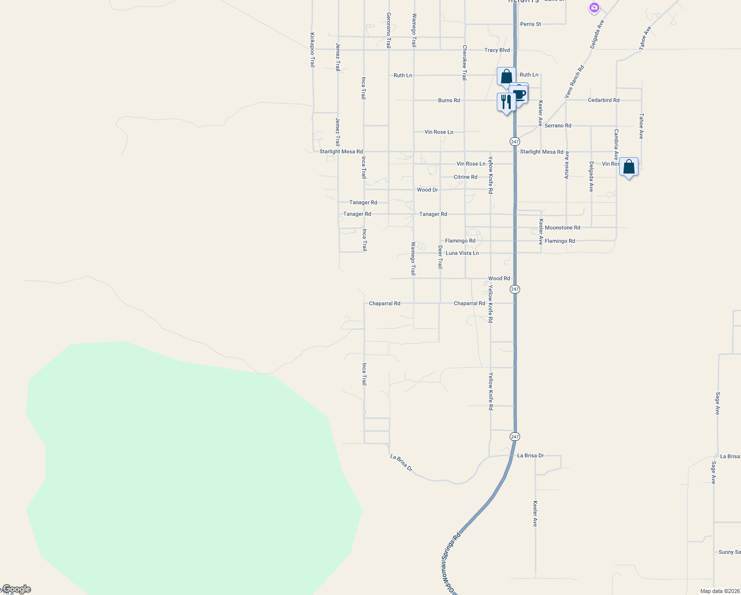 map of restaurants, bars, coffee shops, grocery stores, and more near 55522 Chaparral Road in Yucca Valley
