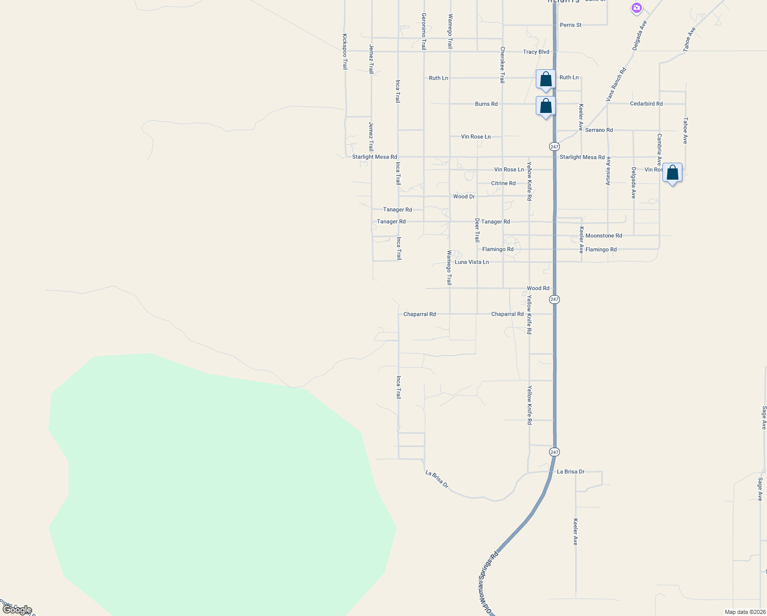 map of restaurants, bars, coffee shops, grocery stores, and more near 1862 Inca Trail in Yucca Valley