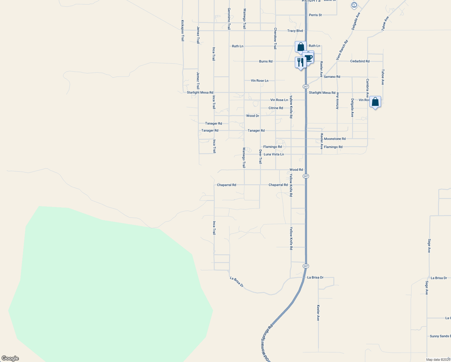 map of restaurants, bars, coffee shops, grocery stores, and more near 55588 Chaparral Road in Yucca Valley