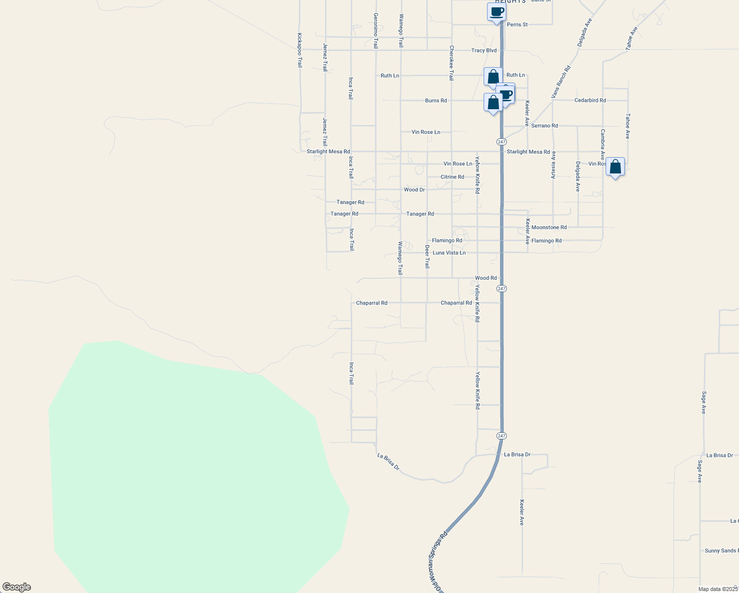 map of restaurants, bars, coffee shops, grocery stores, and more near 55588 Chaparral Road in Yucca Valley