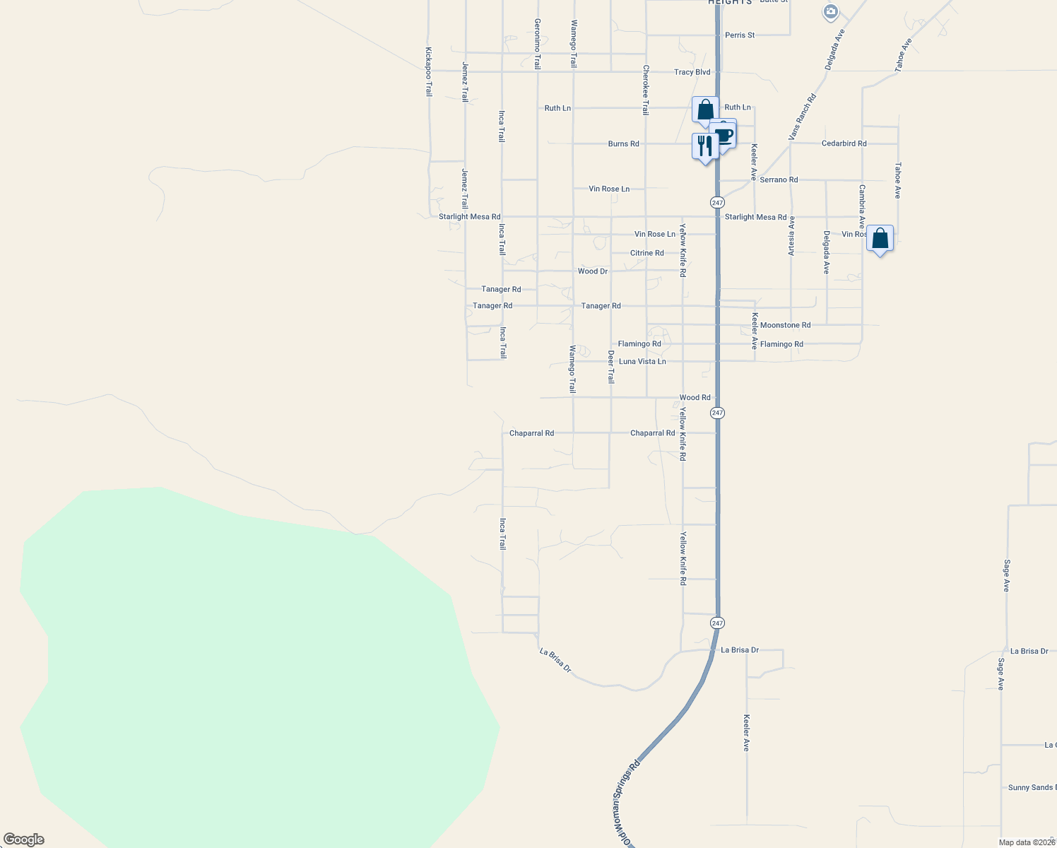 map of restaurants, bars, coffee shops, grocery stores, and more near 55588 Chaparral Road in Yucca Valley