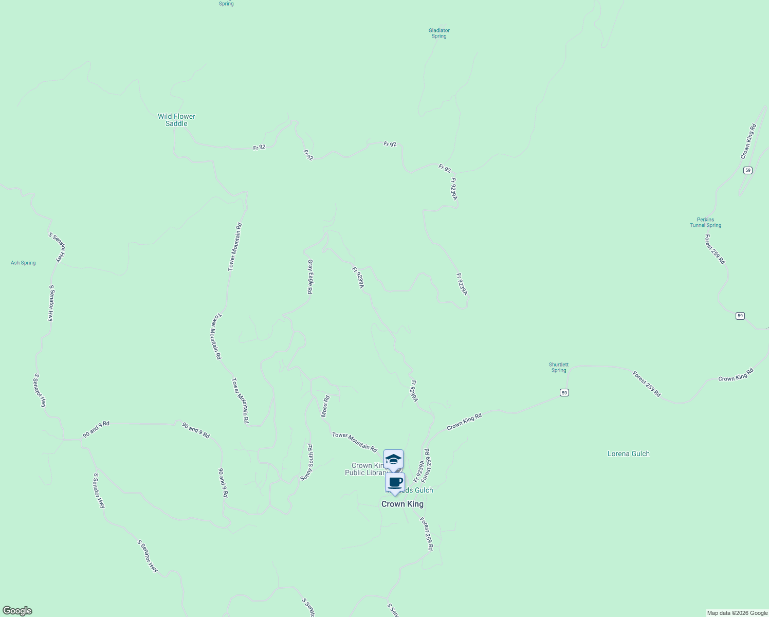 map of restaurants, bars, coffee shops, grocery stores, and more near 22769 Gladiator Mine Road in Crown King