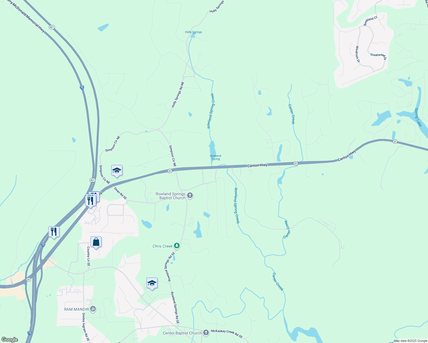 map of restaurants, bars, coffee shops, grocery stores, and more near 12 Ranger Road Southeast in Cartersville