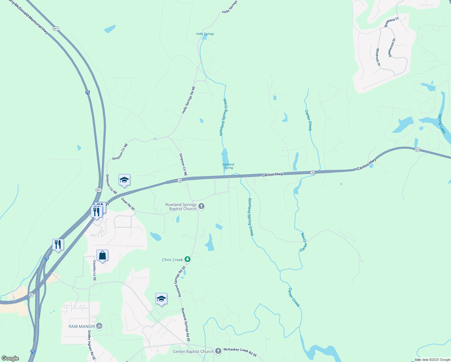 map of restaurants, bars, coffee shops, grocery stores, and more near 12 Ranger Road Southeast in Cartersville