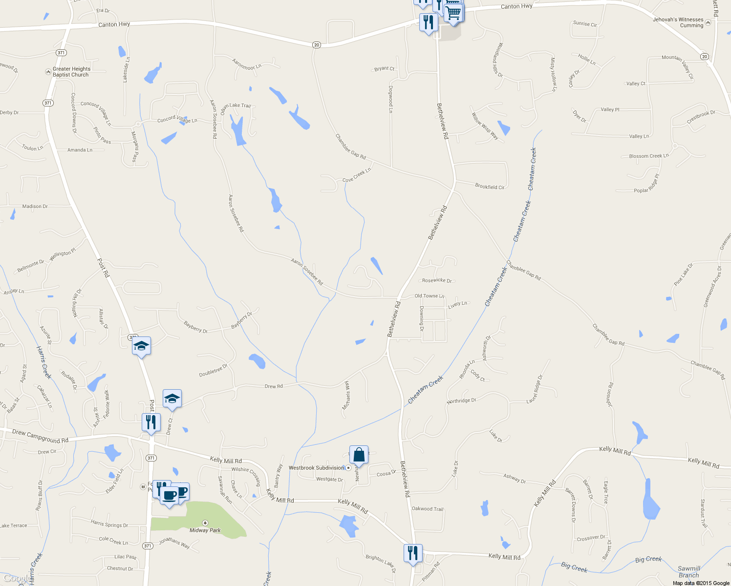 map of restaurants, bars, coffee shops, grocery stores, and more near 5445 Landseer Way in Cumming