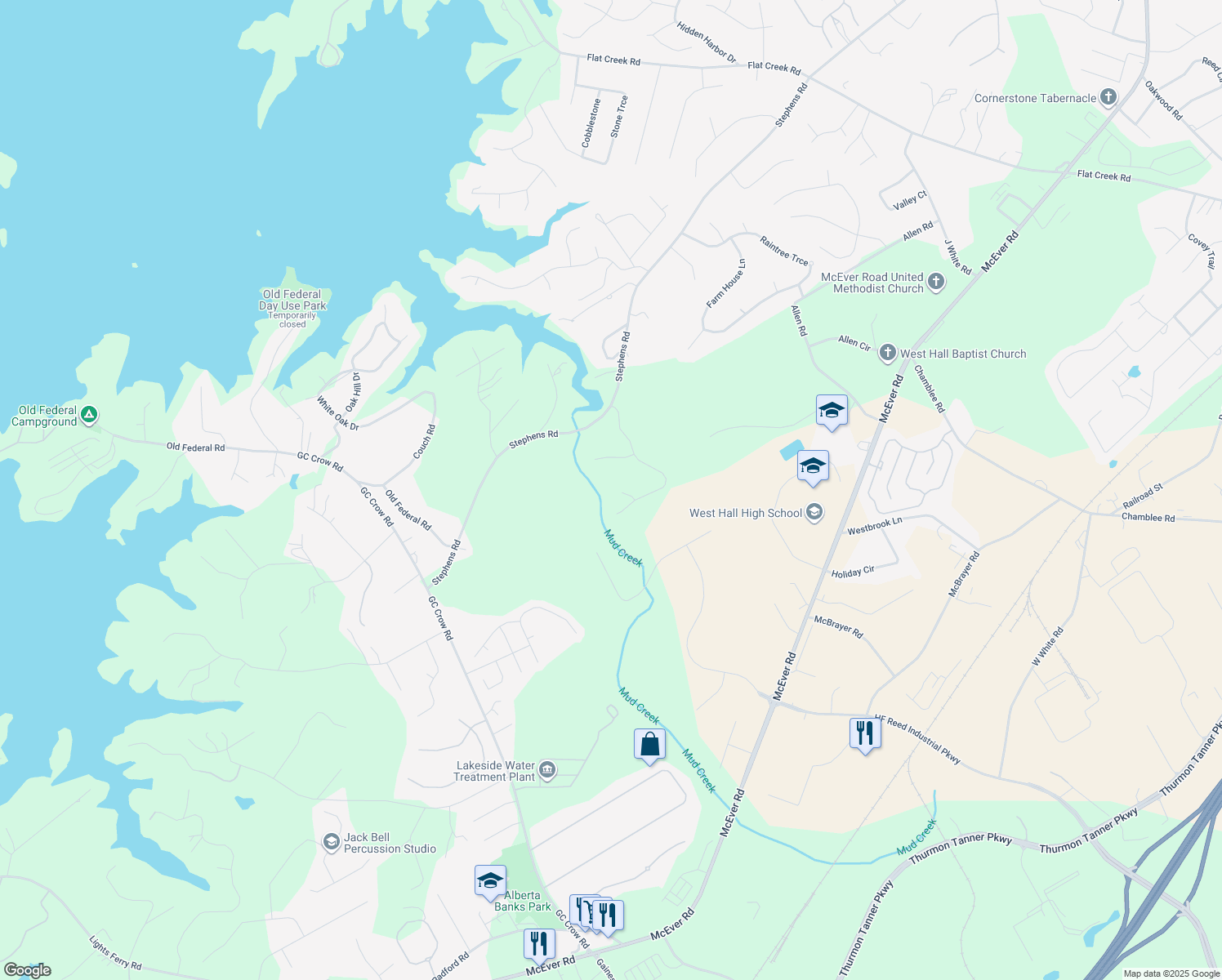 map of restaurants, bars, coffee shops, grocery stores, and more near 5716 Fir Lane in Flowery Branch