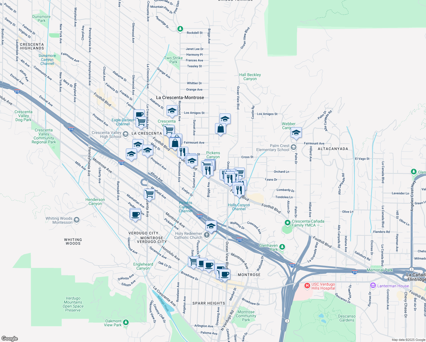 map of restaurants, bars, coffee shops, grocery stores, and more near 2348 Conle Way in La Cañada Flintridge