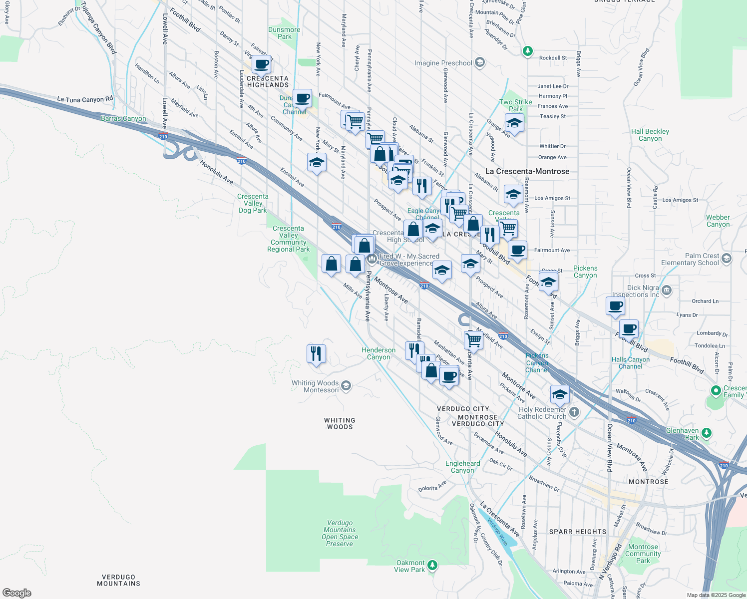 map of restaurants, bars, coffee shops, grocery stores, and more near 3948 Pennsylvania Avenue in Glendale