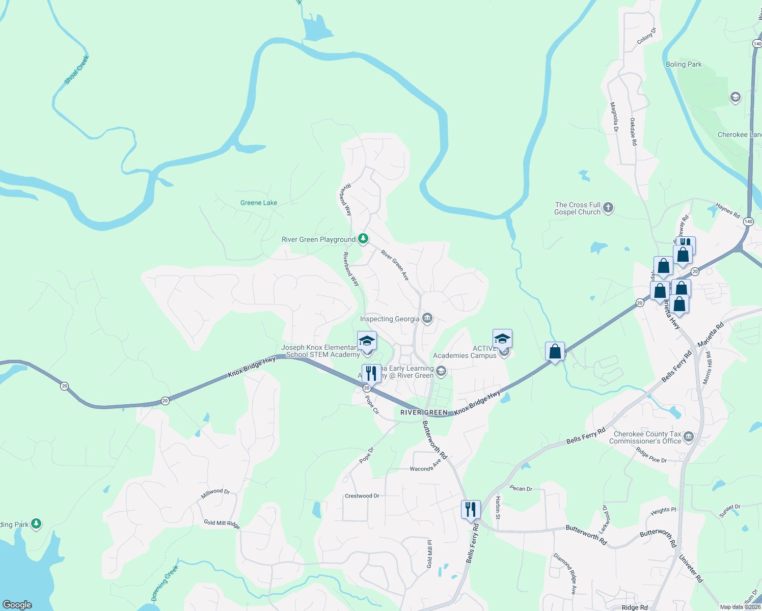 map of restaurants, bars, coffee shops, grocery stores, and more near 404 Ridgewood Lane in Canton