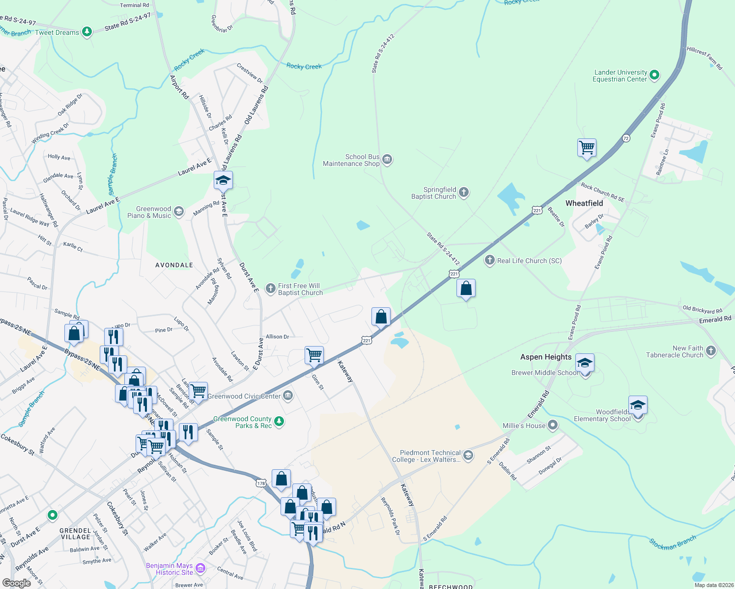 map of restaurants, bars, coffee shops, grocery stores, and more near 108 Melanie Court in Greenwood