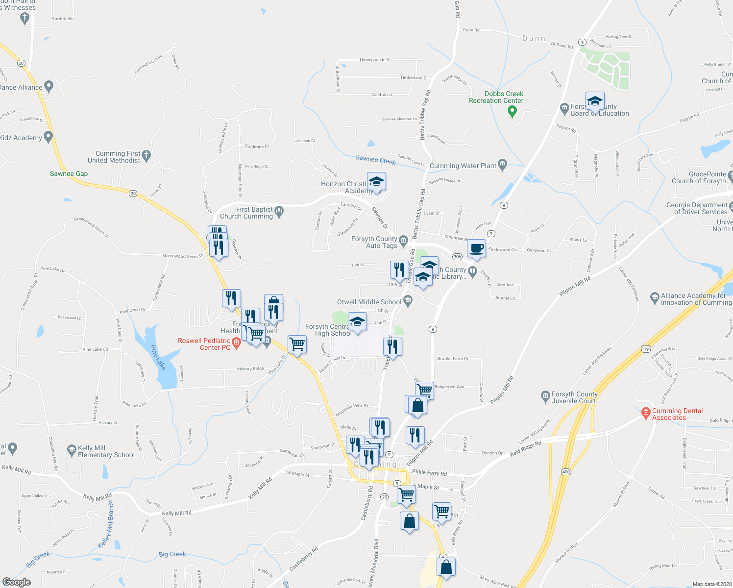 map of restaurants, bars, coffee shops, grocery stores, and more near 119 12th Street in Cumming