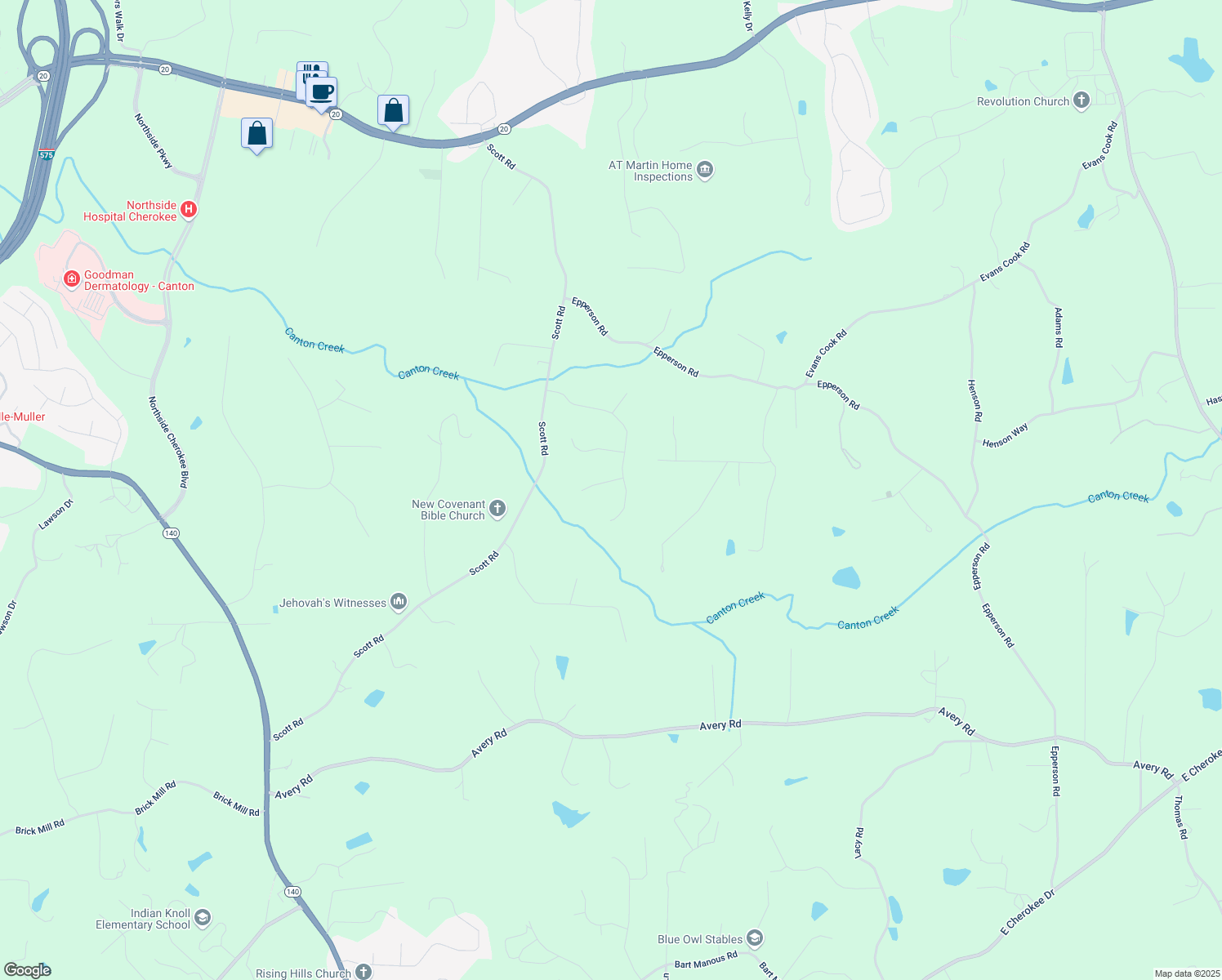 map of restaurants, bars, coffee shops, grocery stores, and more near 403 Pebblebrooke Lane in Canton