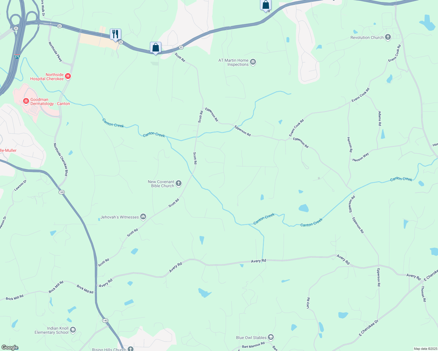 map of restaurants, bars, coffee shops, grocery stores, and more near 403 Pebblebrooke Lane in Canton