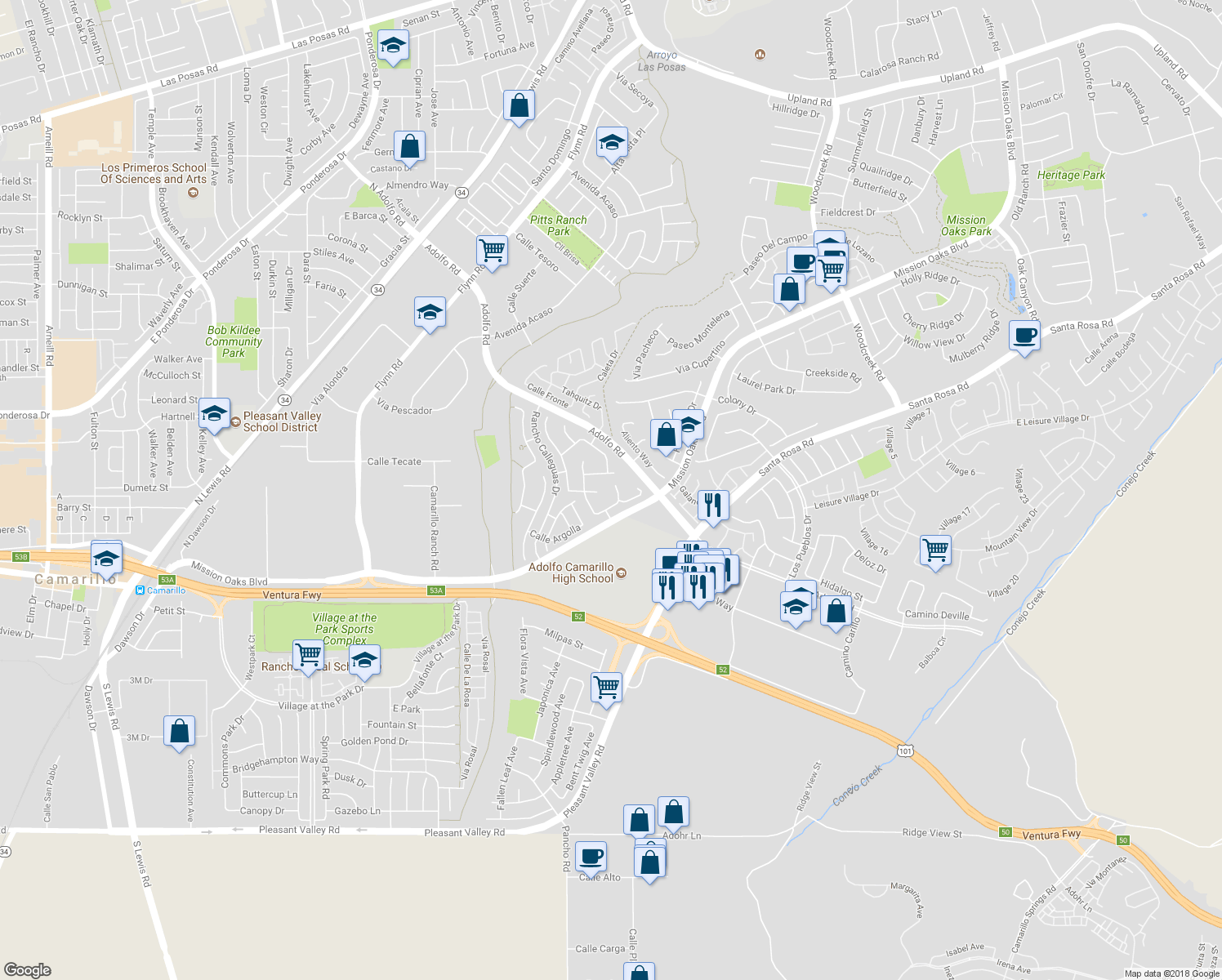 map of restaurants, bars, coffee shops, grocery stores, and more near 4521 Avenida Gaviota in Camarillo