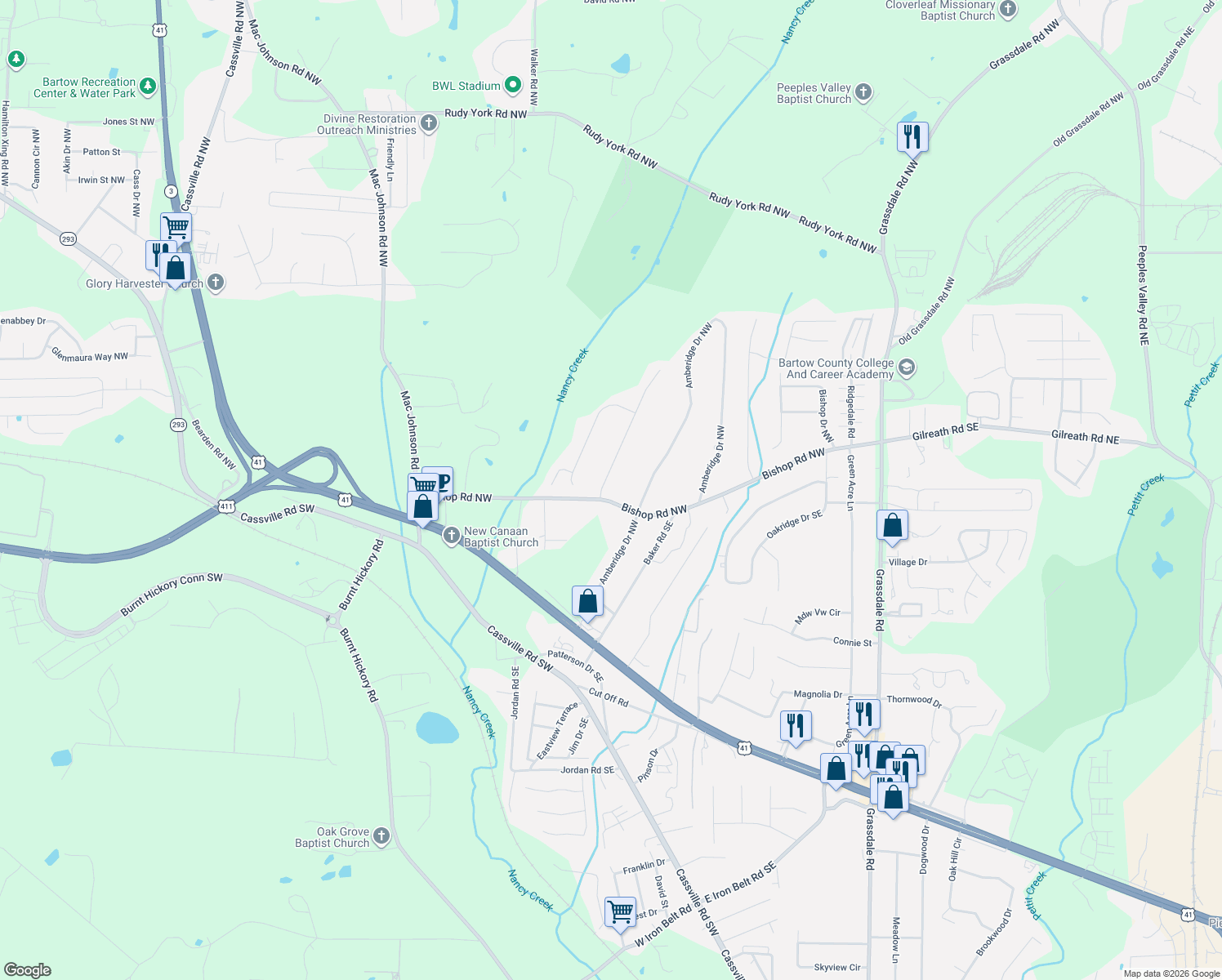 map of restaurants, bars, coffee shops, grocery stores, and more near 18 Country Meadow Way in Cartersville