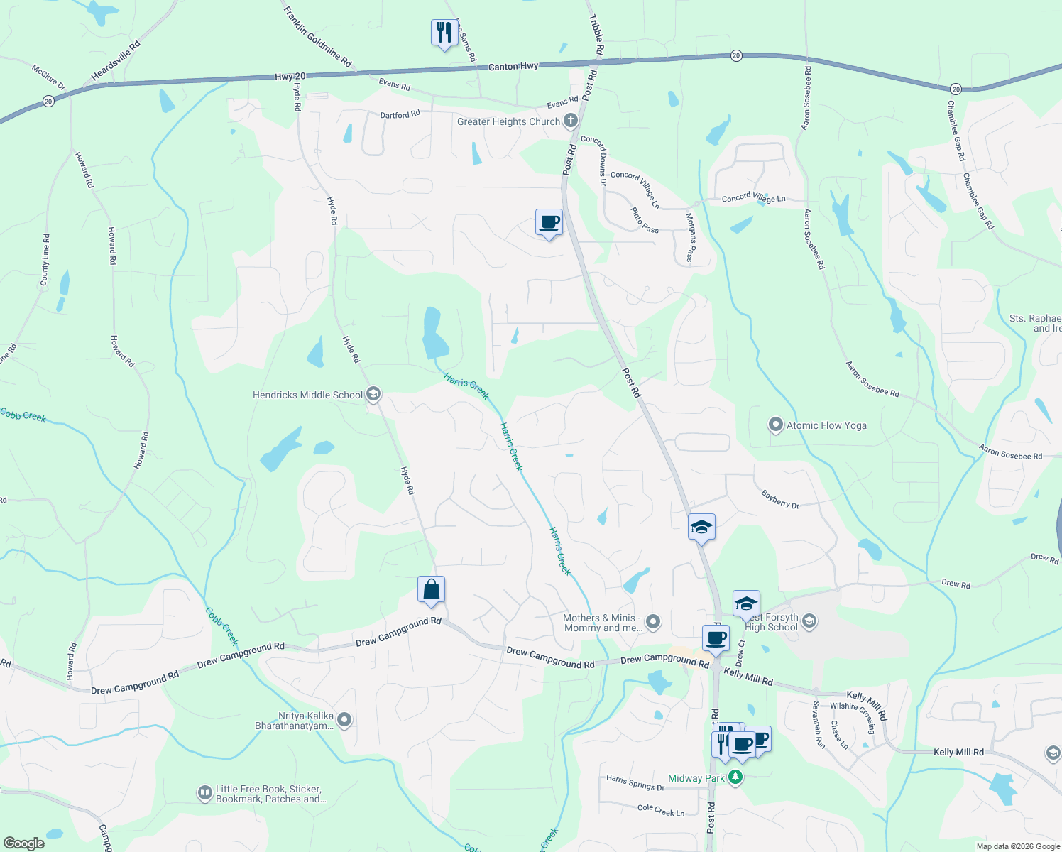 map of restaurants, bars, coffee shops, grocery stores, and more near 4510 Wexford Court in Cumming