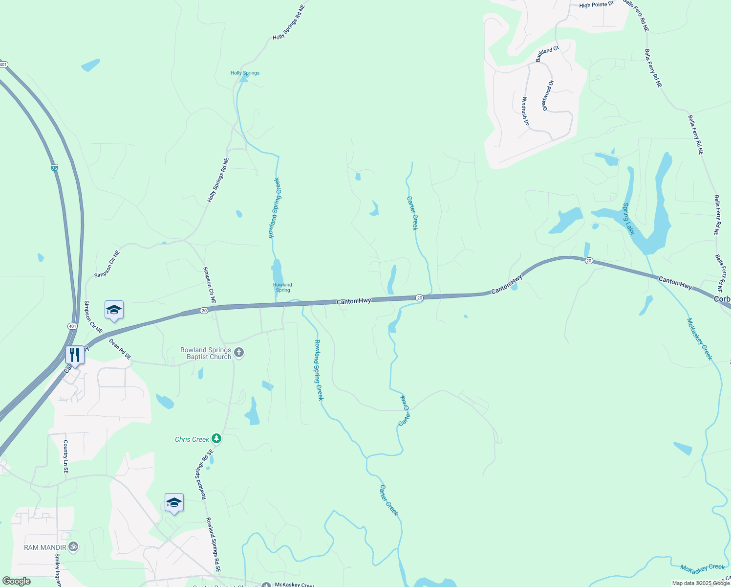 map of restaurants, bars, coffee shops, grocery stores, and more near 13 J R Road Northeast in Cartersville