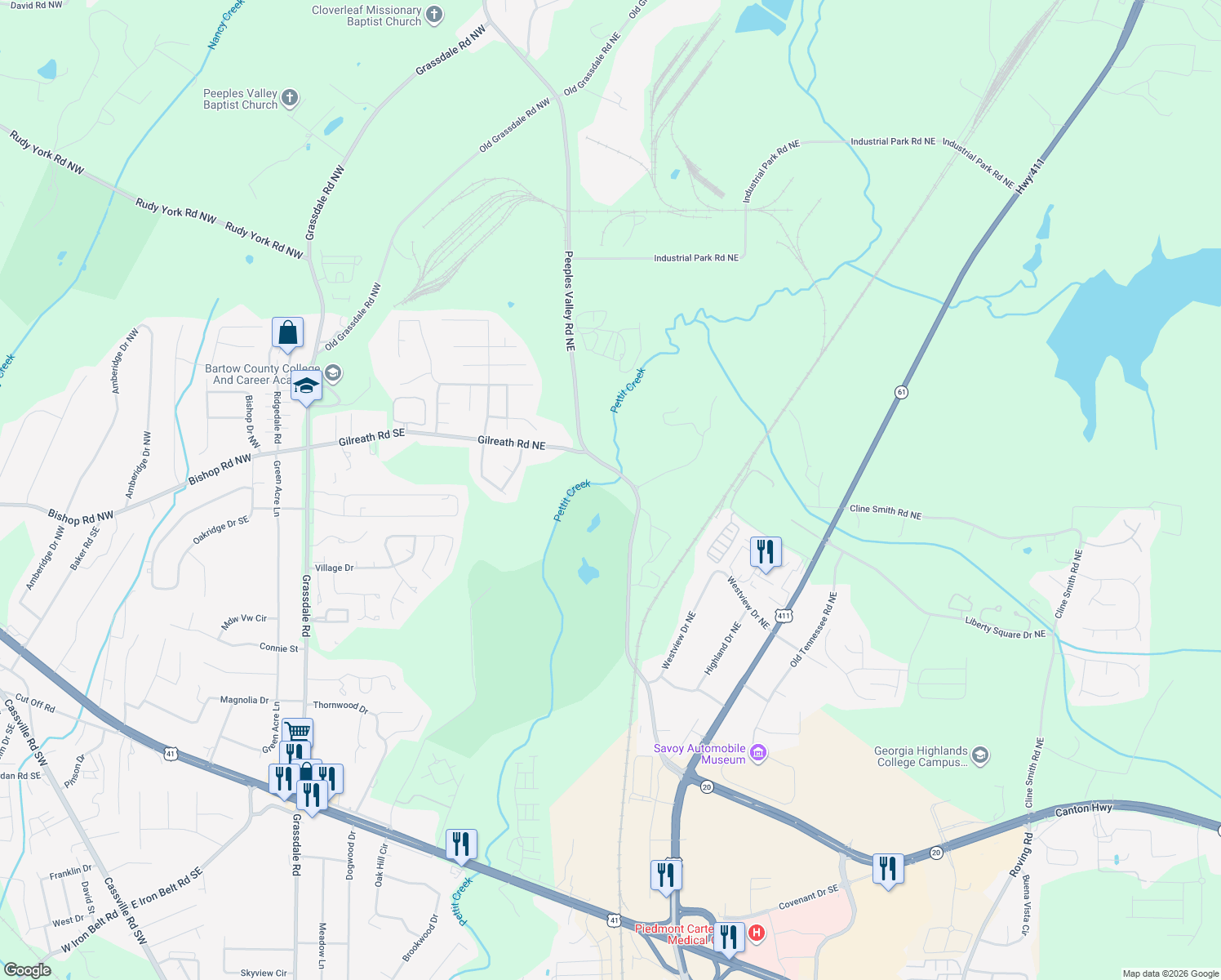 map of restaurants, bars, coffee shops, grocery stores, and more near 279 Peeples Valley Rd SE in Cartersville