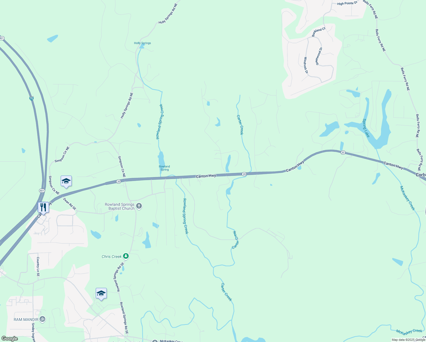 map of restaurants, bars, coffee shops, grocery stores, and more near 13 J R Road Northeast in Cartersville