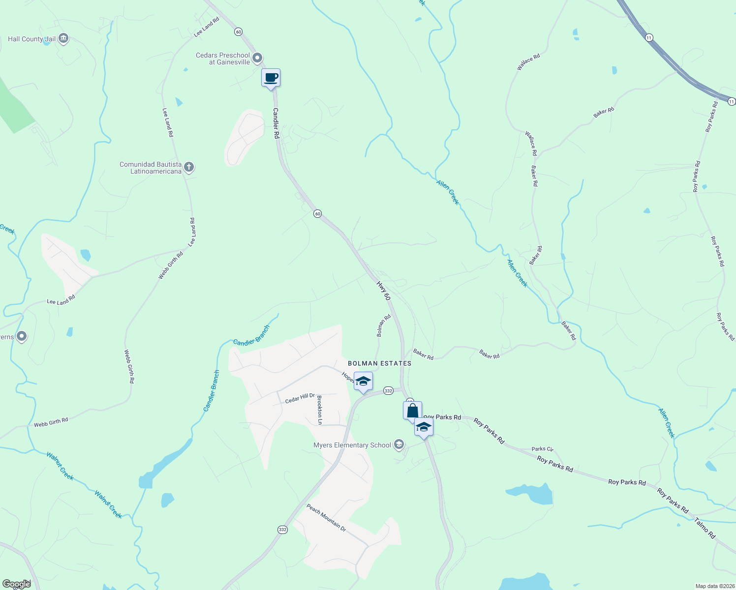 map of restaurants, bars, coffee shops, grocery stores, and more near 2379 Pinehurst Way in Gainesville