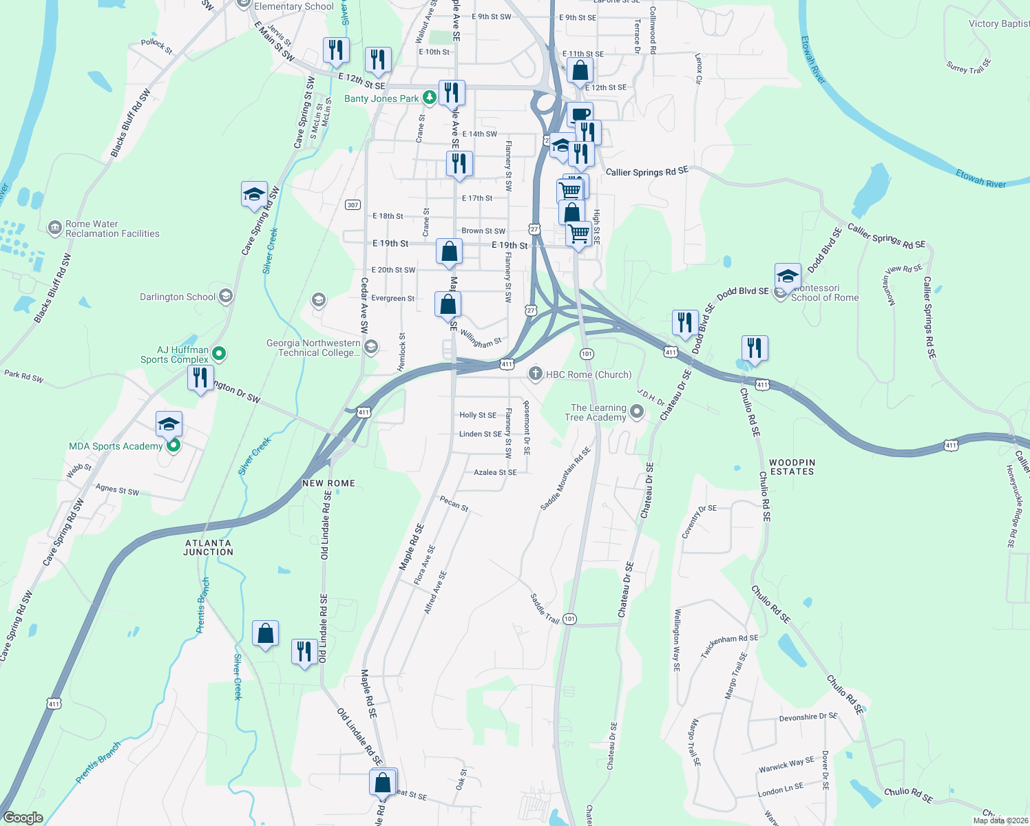map of restaurants, bars, coffee shops, grocery stores, and more near 2407 Flannery Street Southwest in Rome