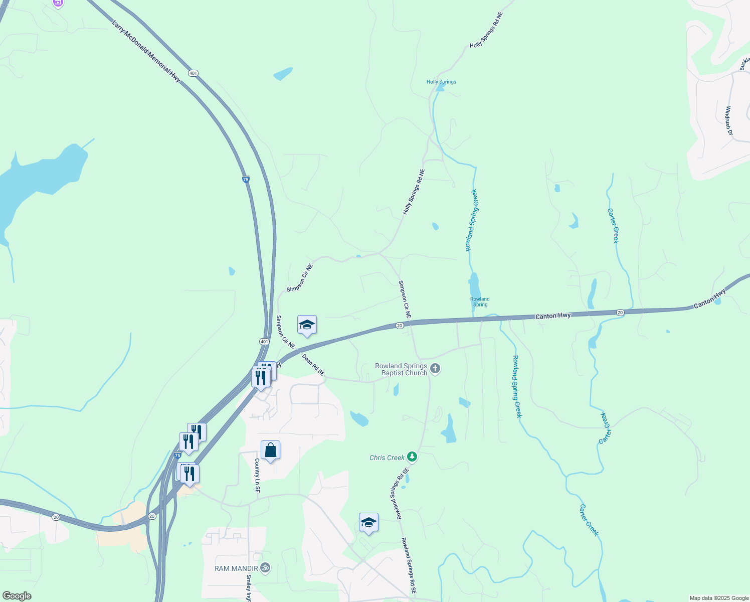 map of restaurants, bars, coffee shops, grocery stores, and more near 59 Grand Georgian Court in Cartersville
