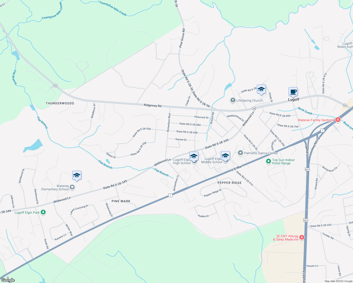 map of restaurants, bars, coffee shops, grocery stores, and more near 1297 Sunset Drive in Lugoff