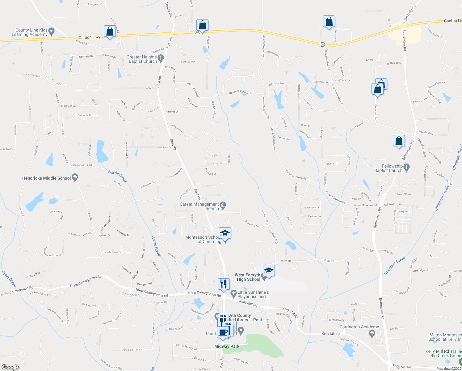 map of restaurants, bars, coffee shops, grocery stores, and more near 4535 Saint Andrews Crest Drive in Cumming