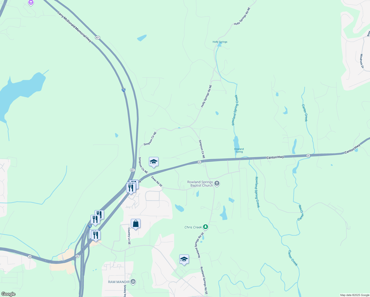 map of restaurants, bars, coffee shops, grocery stores, and more near 59 Grand Georgian Court in Cartersville