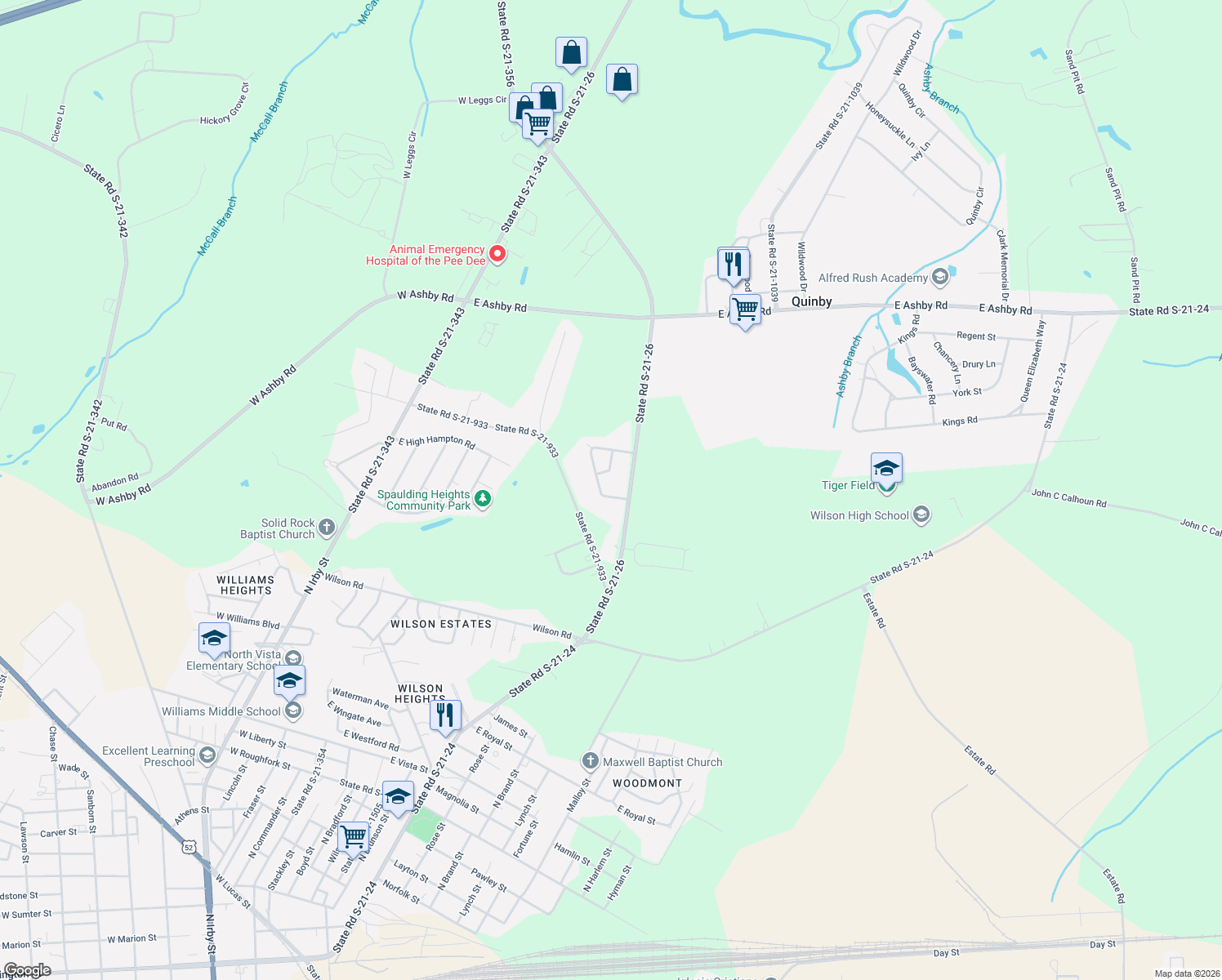 map of restaurants, bars, coffee shops, grocery stores, and more near 1711 Williamsburg Circle in Florence