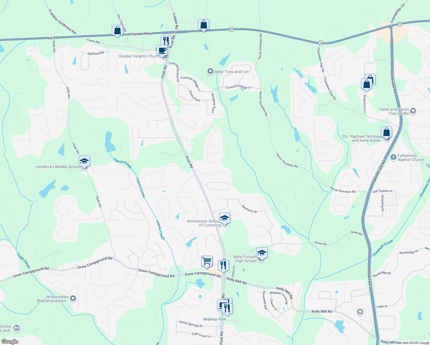 map of restaurants, bars, coffee shops, grocery stores, and more near 4455 Saint Andrews Crest Drive in Cumming