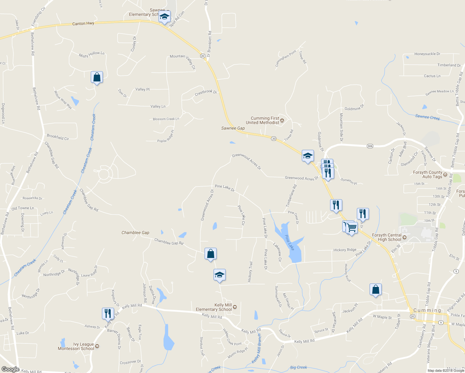 map of restaurants, bars, coffee shops, grocery stores, and more near 104 Pine Lake Drive in Cumming