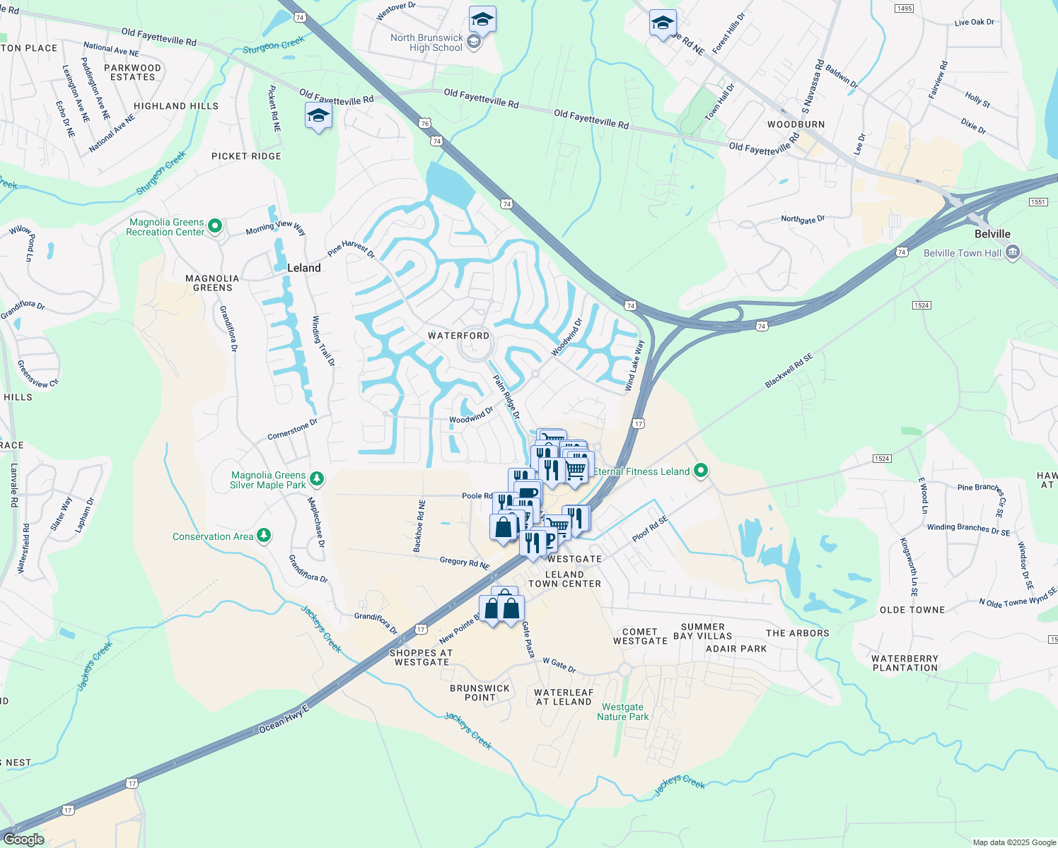 map of restaurants, bars, coffee shops, grocery stores, and more near 2030 Fanning Court in Leland