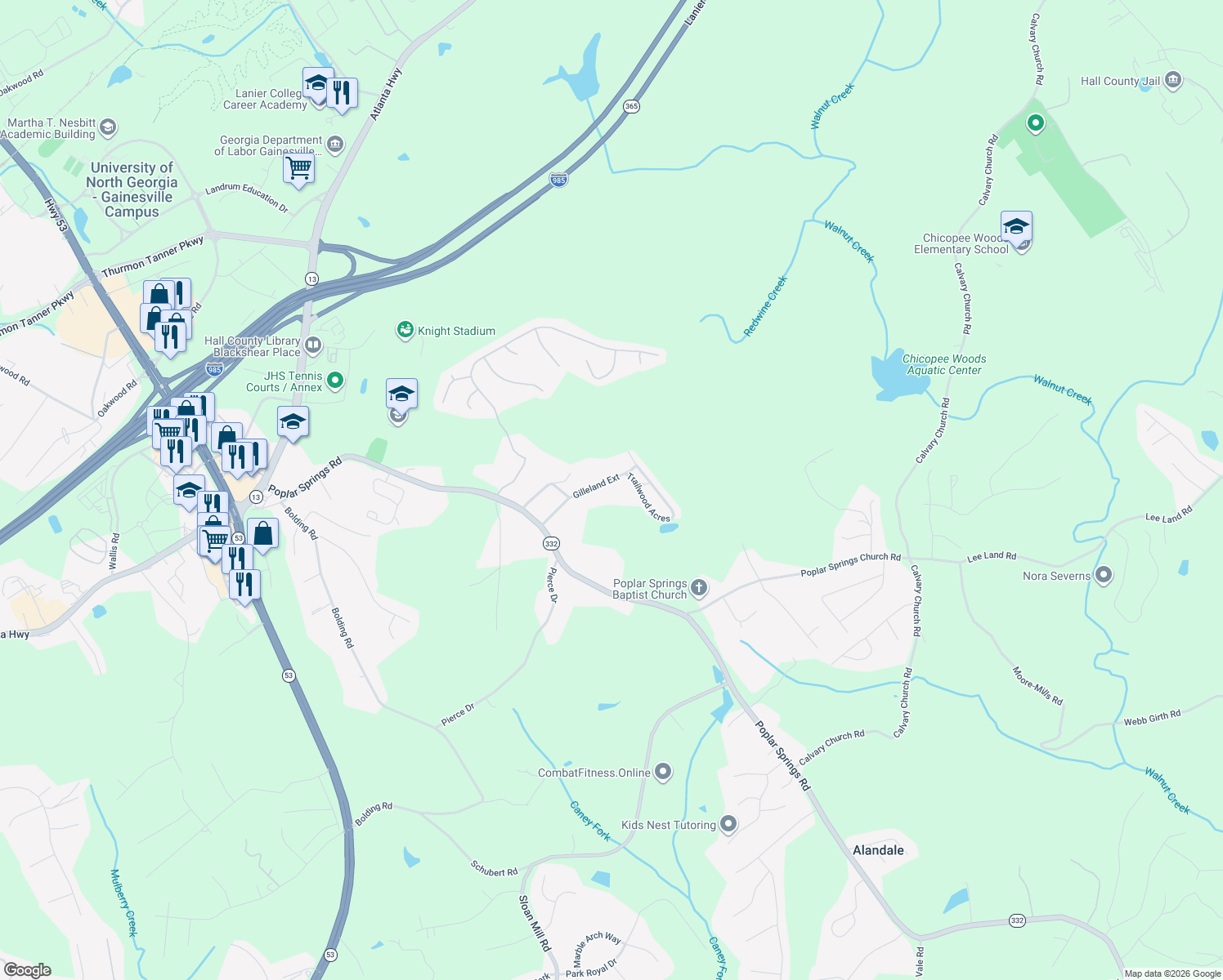 map of restaurants, bars, coffee shops, grocery stores, and more near 3526 Gilleland Extension in Gainesville