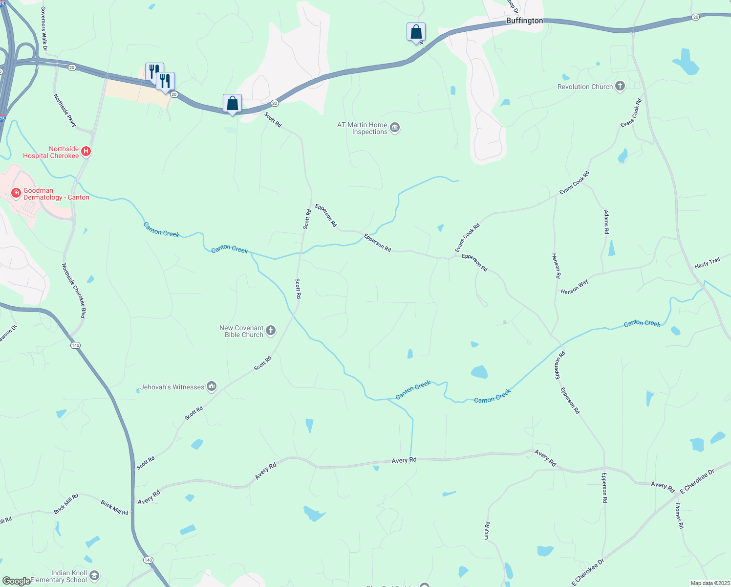 map of restaurants, bars, coffee shops, grocery stores, and more near 440 Arliss Drive in Canton