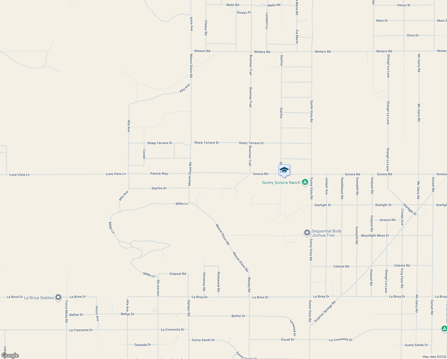 map of restaurants, bars, coffee shops, grocery stores, and more near 60279 Sonora Road in Joshua Tree
